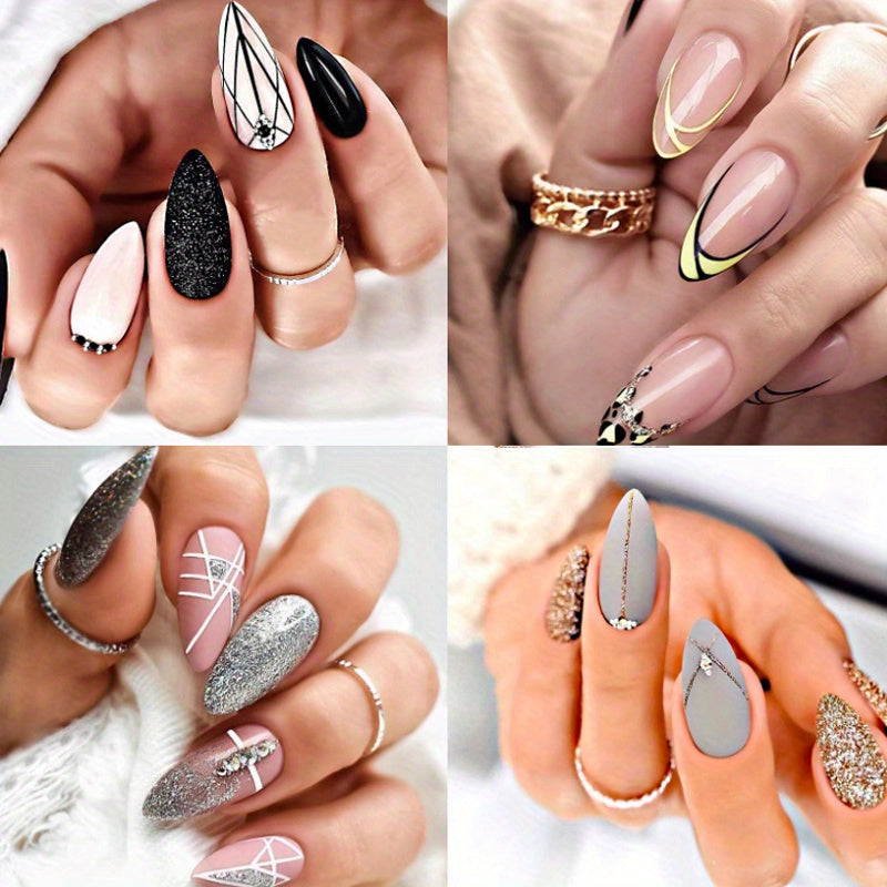 TEMU Nude On Nails 96pcs (4pcs) Medium Almond Fake Nails Glitter Gradient Glossy Stick On Nails False Nails With Black White Line Sparkle Acrylic
