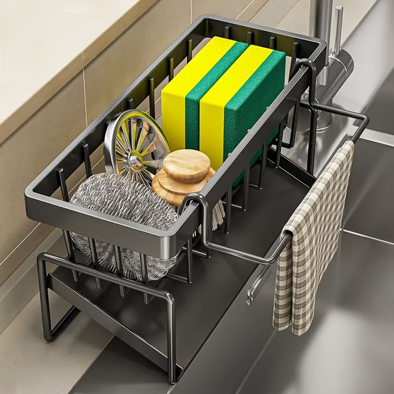 TEMU Space-saving Kitchen Sink Organizer Rack With Sponge, Soap, Brush & Cloth Holder - Durable Countertop Drain Rack For Dish Drying, Utensil