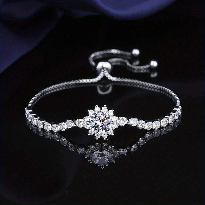 TEMU An Elegant Moissanite Sunflower Bracelet, Luxurious Plated With Silver, 2 Central Stones With Moissanite Embellishments, Suitable For All And
