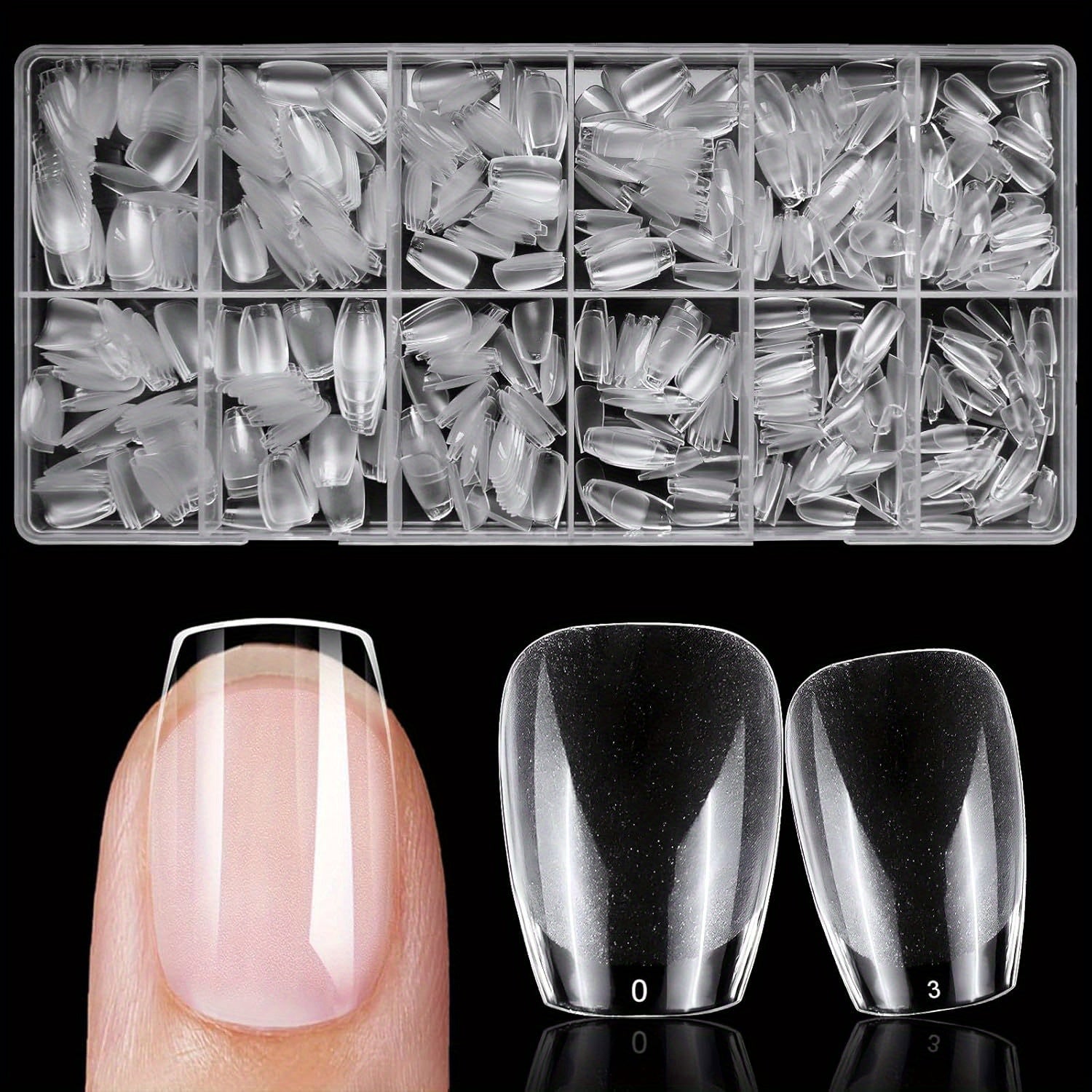 TEMU 600pcs Short Tips - 12 Sizes Clear Acrylic False Nails With Black Matte & Glossy Finish, Full Cover Soft Gel For , Easy Application Nail Art