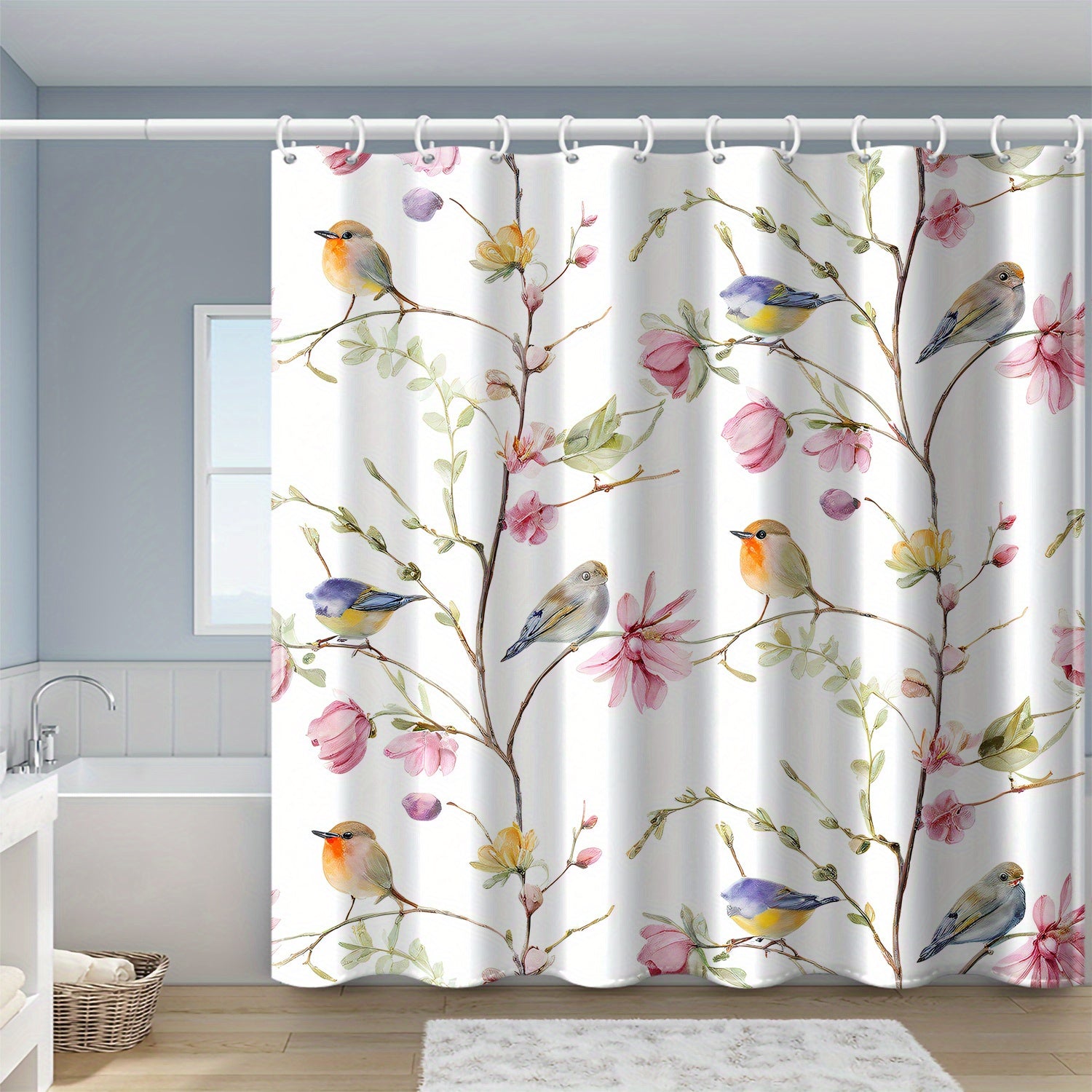 TEMU 1pc Flower Branch Bird Print Shower Curtain, With Hooks, Polyester Fabric, Windows And Walls, Bathtub, Bathroom Home Decoration Shower Curtain,