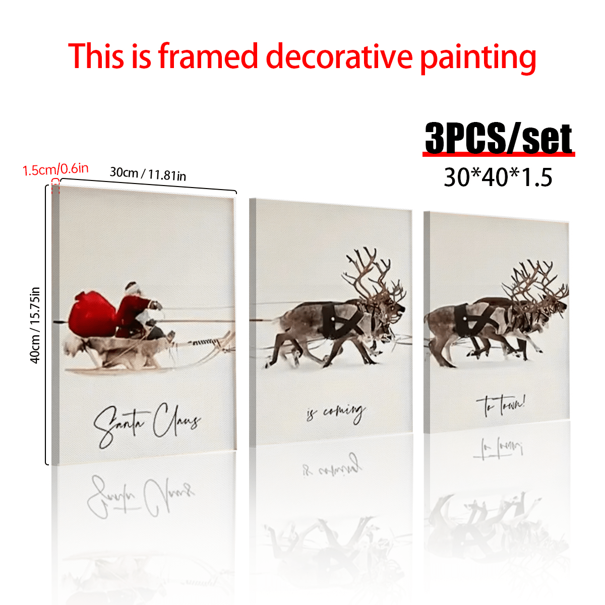TEMU 3pcs- Set Wooden Frame Vintage Santa & Reindeer Sleigh Canvas Set - Vibrant Wall Art Christmas Wall Decor In Living Room, Bedroom, Or Hallway
