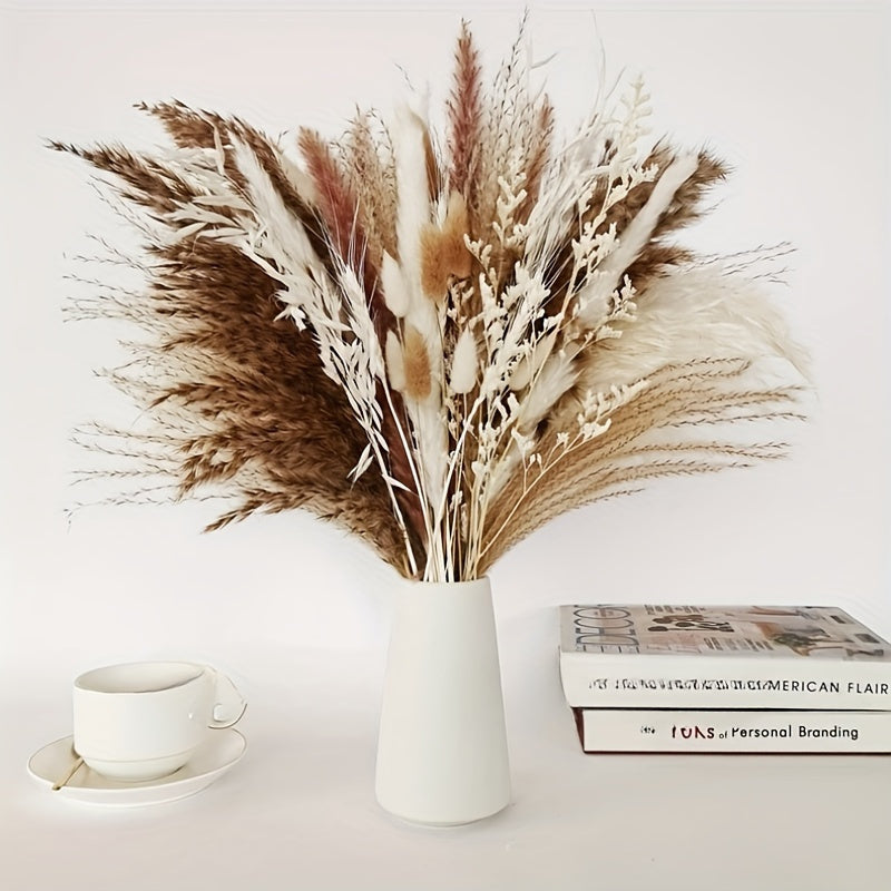 TEMU 88pcs Boho Chic Dried Pampas Grass Bouquet, Reed Grass & Bunny Tails, , For Bohemian Floor Vase, Tabletop & Diy Decor, Wedding & Gift Box Filler