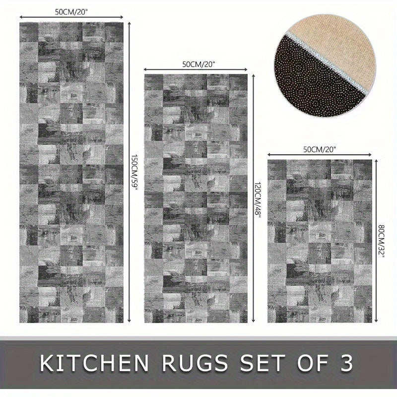 TEMU 3pcs Bohemian Washable Kitchen Mat Set - Polyester, Tpr Backing, 5mm Thick, 820gsm, Long Rectangular Floor Mats For Kitchen, , Living Room,