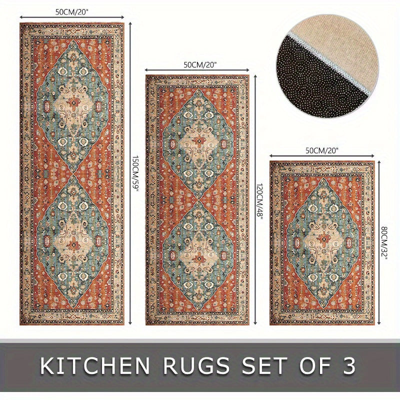 TEMU 3pcs Bohemian Washable Kitchen Rug Set, Kitchen Living Room Laundry Room Long Strip Carpet, Entrance Floor Rubber Mat Floor Mat, Living Room