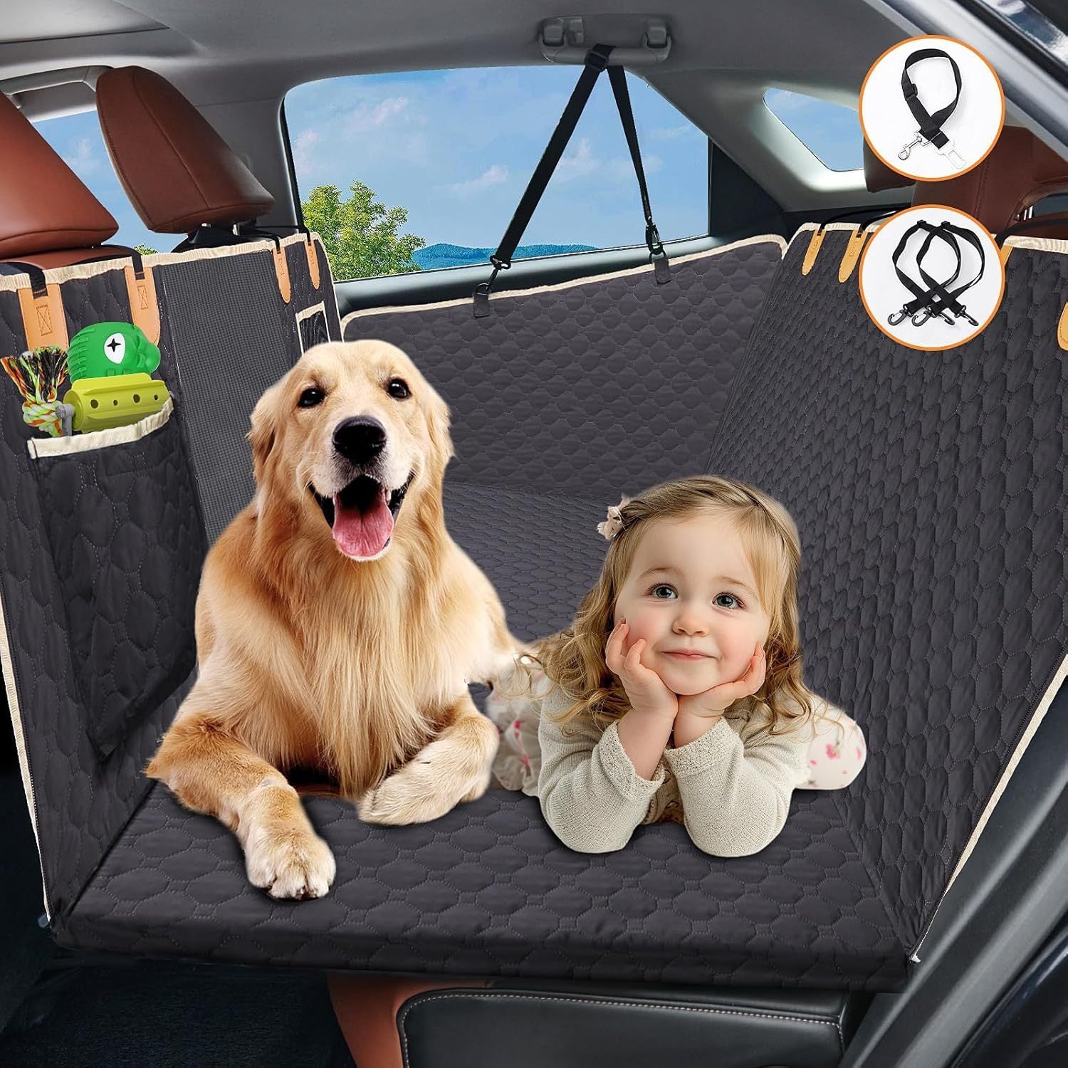 TEMU Rear Seat Car Seat Cover For Dogs, Rear Seat Extender For Dogs, Rear Seat Dog Seat Cover With Mesh Window And Storage Bag, Waterproof Dog ,