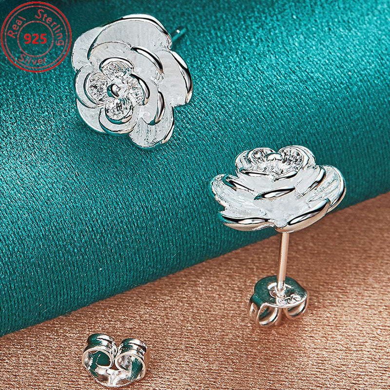 TEMU 1 Pair Of S925 Sterling Silvery Rose Stud Earrings - Hypoallergenic - Elegant Temperament Casual Attire Jewelry Gifts For Ladies