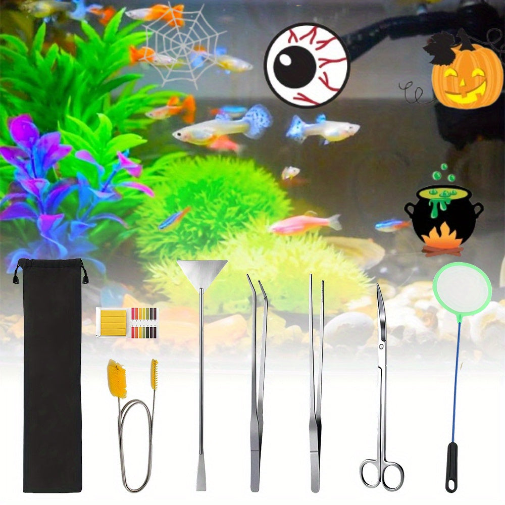 TEMU 7-piece Aquarium Tools With 15-inch Rust-proof Metal Tools Fine Tweezers Wide Net Bag Ph Test Paper Set Waterproof Storage Bag Rust-proof And
