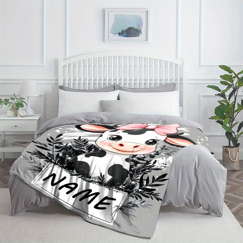 TEMU 1pc Personalized Cute Cow Blanket With Custom Name - Soft, Warm Polyester Flannel Throw For Sofa, Bed, Chair - No Electricity, Featherless, 100%