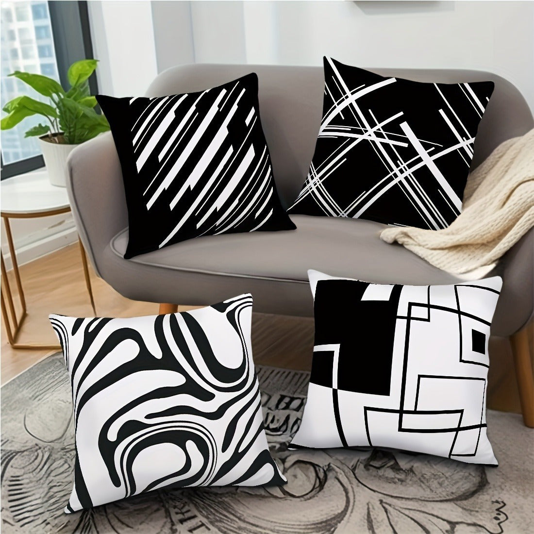 TEMU 4pcs Ink Style Pillows, Modern Black And White Print, Soft Fabric, Polyester Pillowcase, Zipper Closure, Machine Washable, Suitable For Sofa,