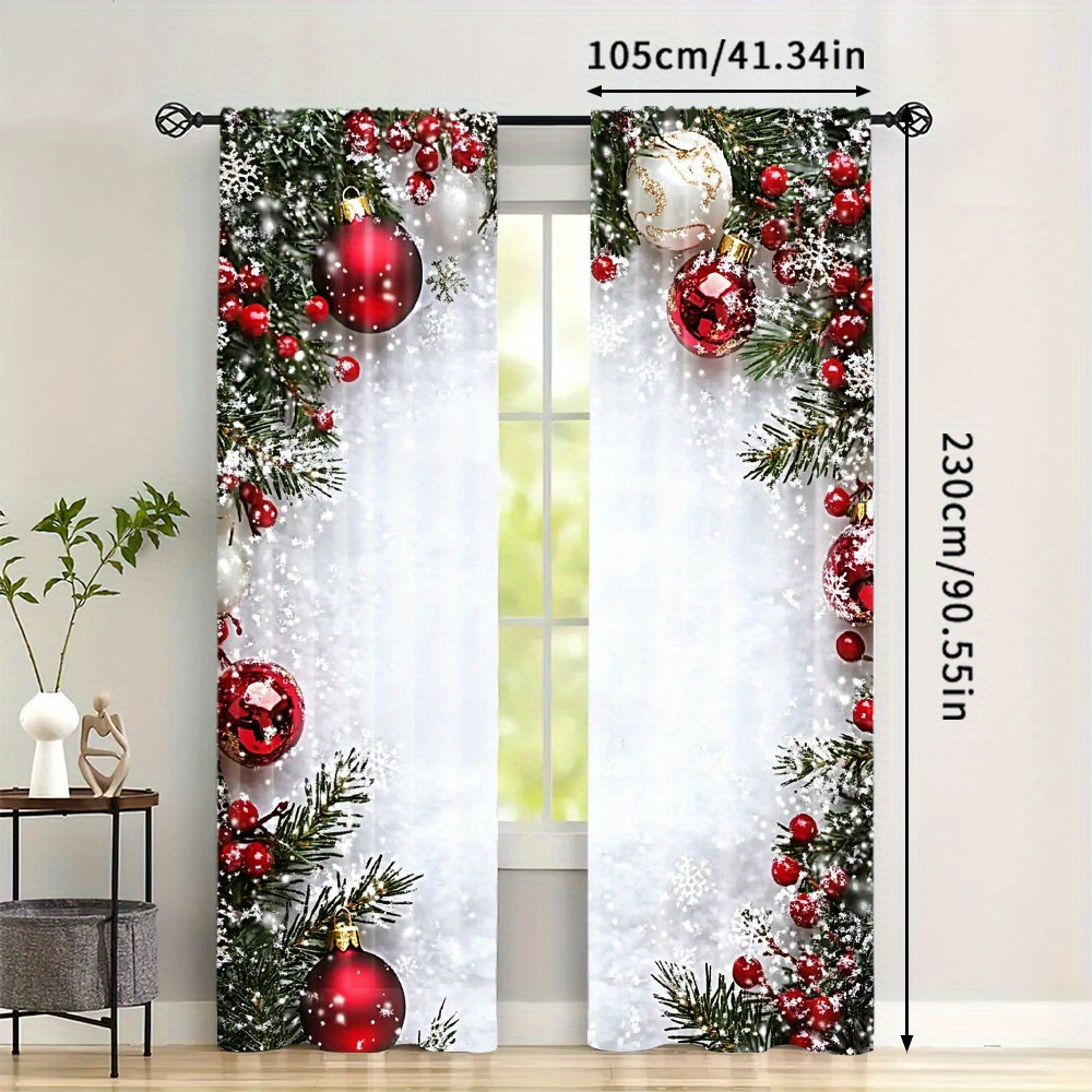 TEMU 2pcs Festive Christmas Red Ball Curtains - Soft Polyester, With Snowflakes & Pine Branches, Rod Pocket Room & Office Holiday Decor (rod Not