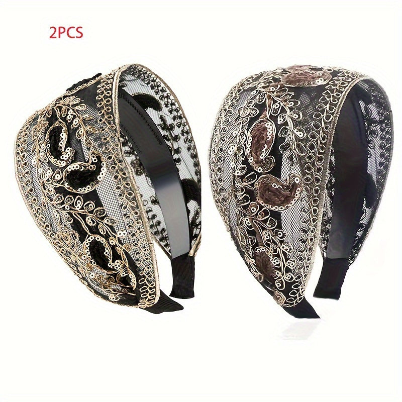 TEMU 2pcs Elegant Lace Embroidered Sequin Flower Headbands - Wide, Non-slip Hair Hoops For Women | | Chic | Ideal Gift