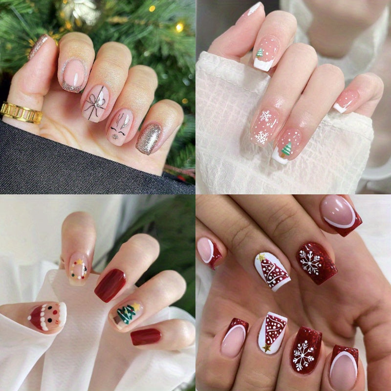 TEMU 96pcs Short Square Christmas Fake Nails (4pcs) Glossy Glitter Press On Nails Red Green Snowan Christmas Tree Pattern Glue On Nails Artificial