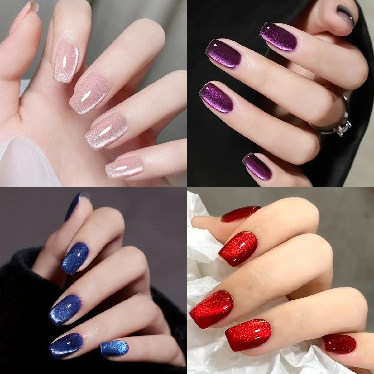 TEMU 4pcs Reflective Eye Press-on Nails - Glossy Short Square, Oval & Almond Shapes, Mixed Colors (pink, Purple, Blue, Red) With Adhesive Tabs & Nail