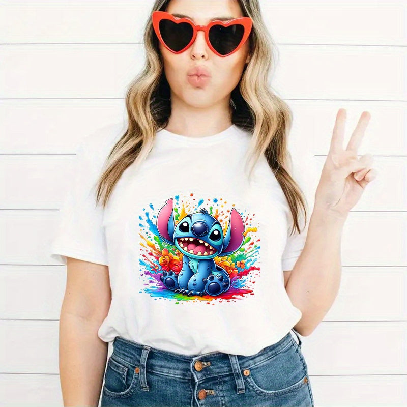 TEMU 1pc Stitch Colorful Splash Iron-on Transfer Decal, Cartoon Animal Pattern, Diy Fashion Clothing Applique For T-shirts, Gift For Birthdays And