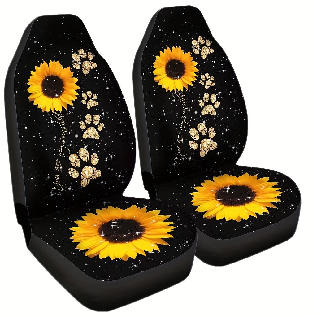 TEMU 2pcs Sunflower Starry Seat Covers – Vibrant Yellow With Prints & "love" Text, Universal Fit For Cars, Suvs, Trucks – Polyester Protectors, Easy