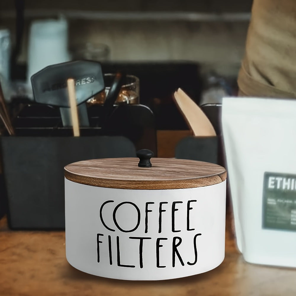 TEMU 1pc Solid Wood Coffee Filter Holder Organizer - Rustic Farmhouse Coffee Bar Decor With Lid, Natural Wood Grain - Countertop Storage For Kitchen,