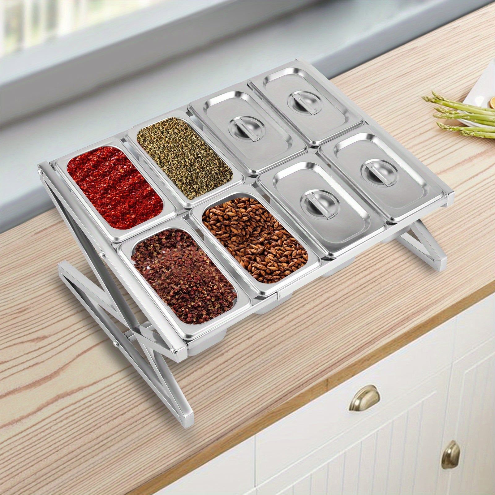 TEMU 8 Pans Adjustable Kitchen Spice Shelf With Lid, Stainless Steel Tabletop Spice Rack, Kitchen Food Storage Rack