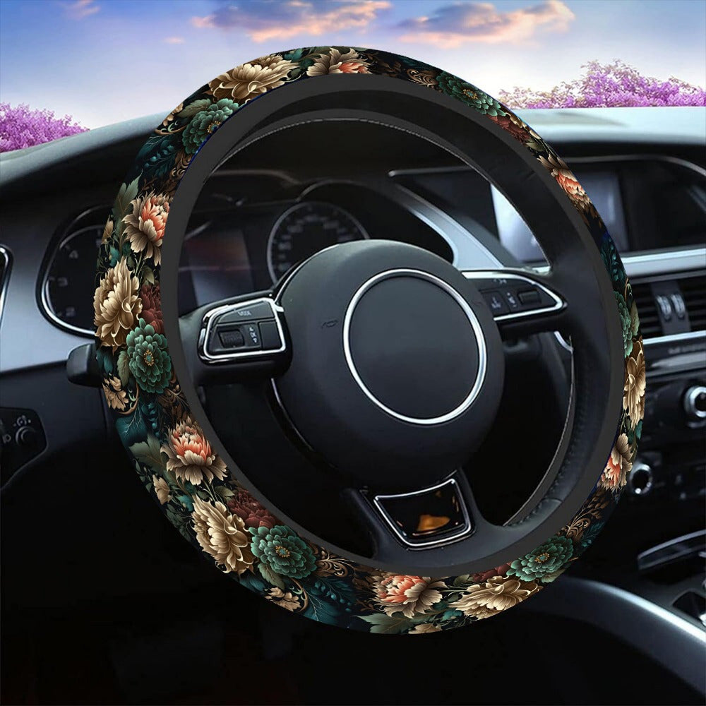 TEMU Universal 15 Inch Steering Wheel Cover With Colorful Floral Print, Anti-slip Elastic Polyester Fiber, No , Car Accessory For Suv, Truck, And