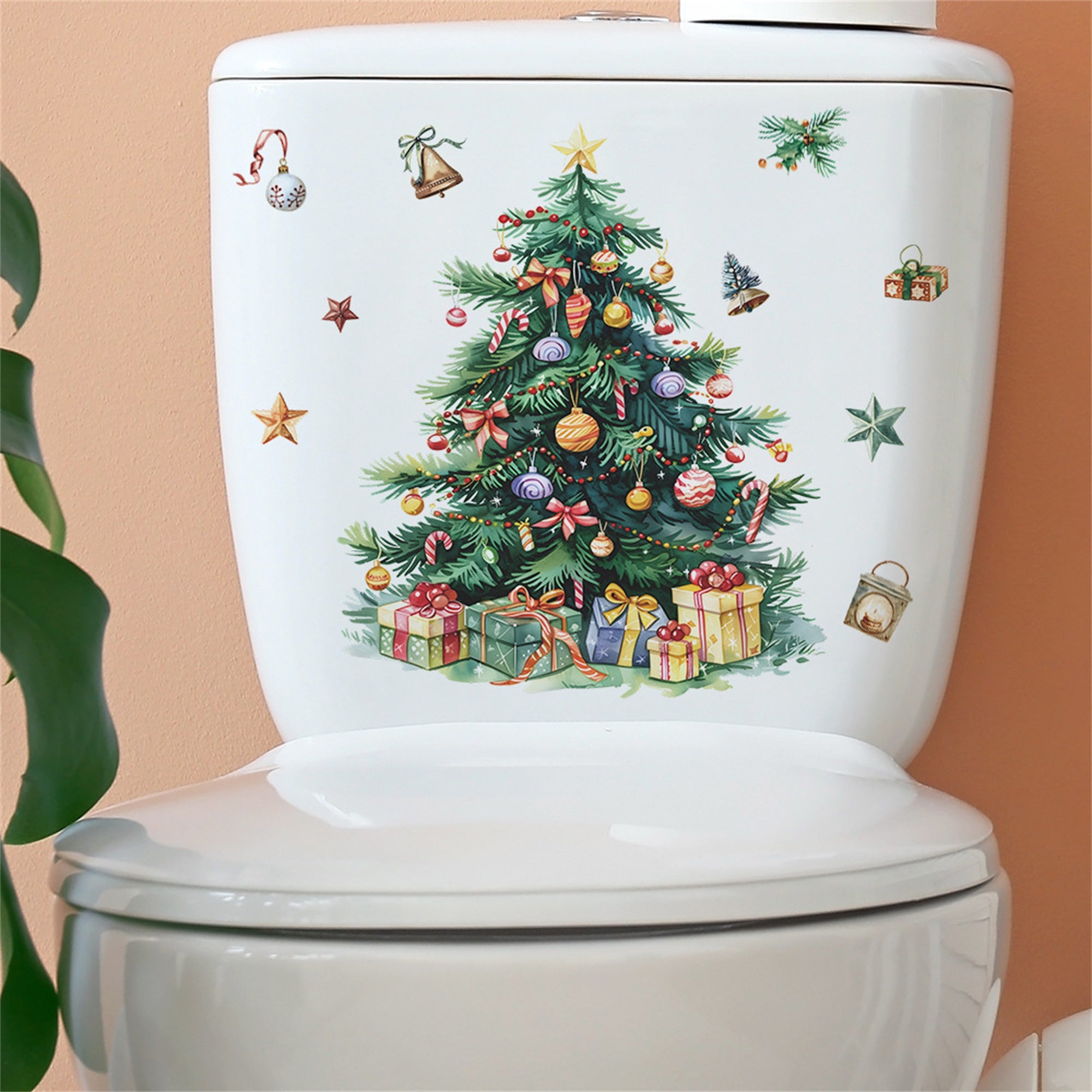 TEMU Christmas Tree Toilet Lid Decals Removable Wall Stickers Toilet Seat Cling For Bathroom Party Decorations