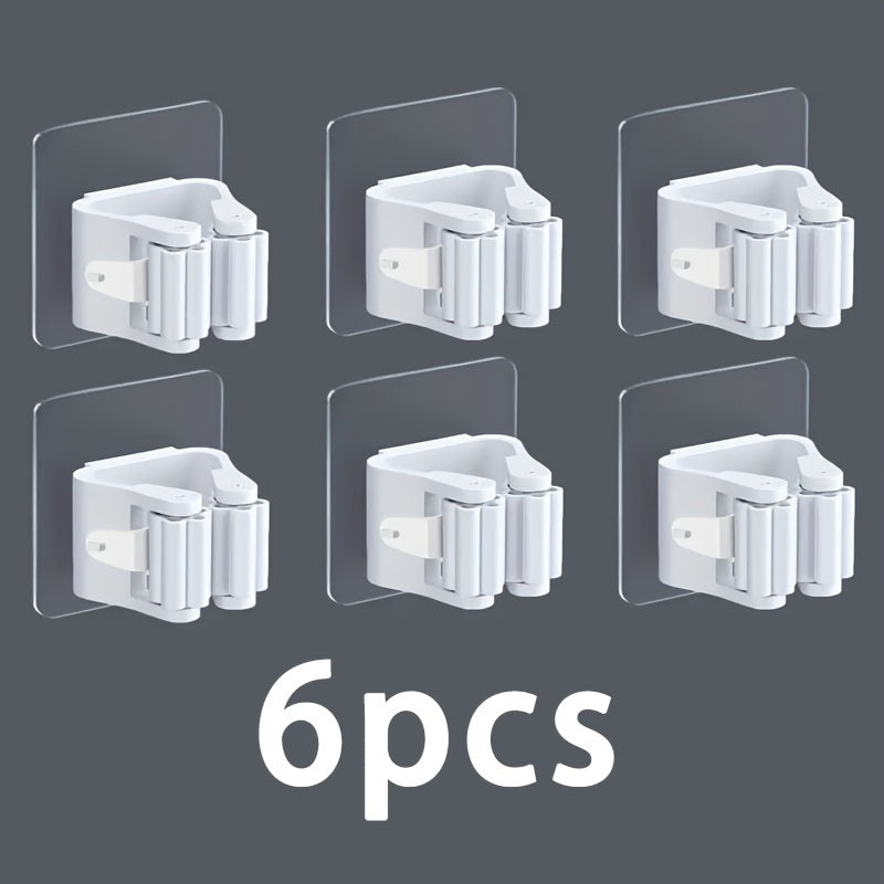 TEMU 6pcs No-drill Wall Mounted Mop And Broom Rack - Heavy-duty Plastic Storage Hooks With Clear Adhesive Pads, Space-saving Organizer For ,