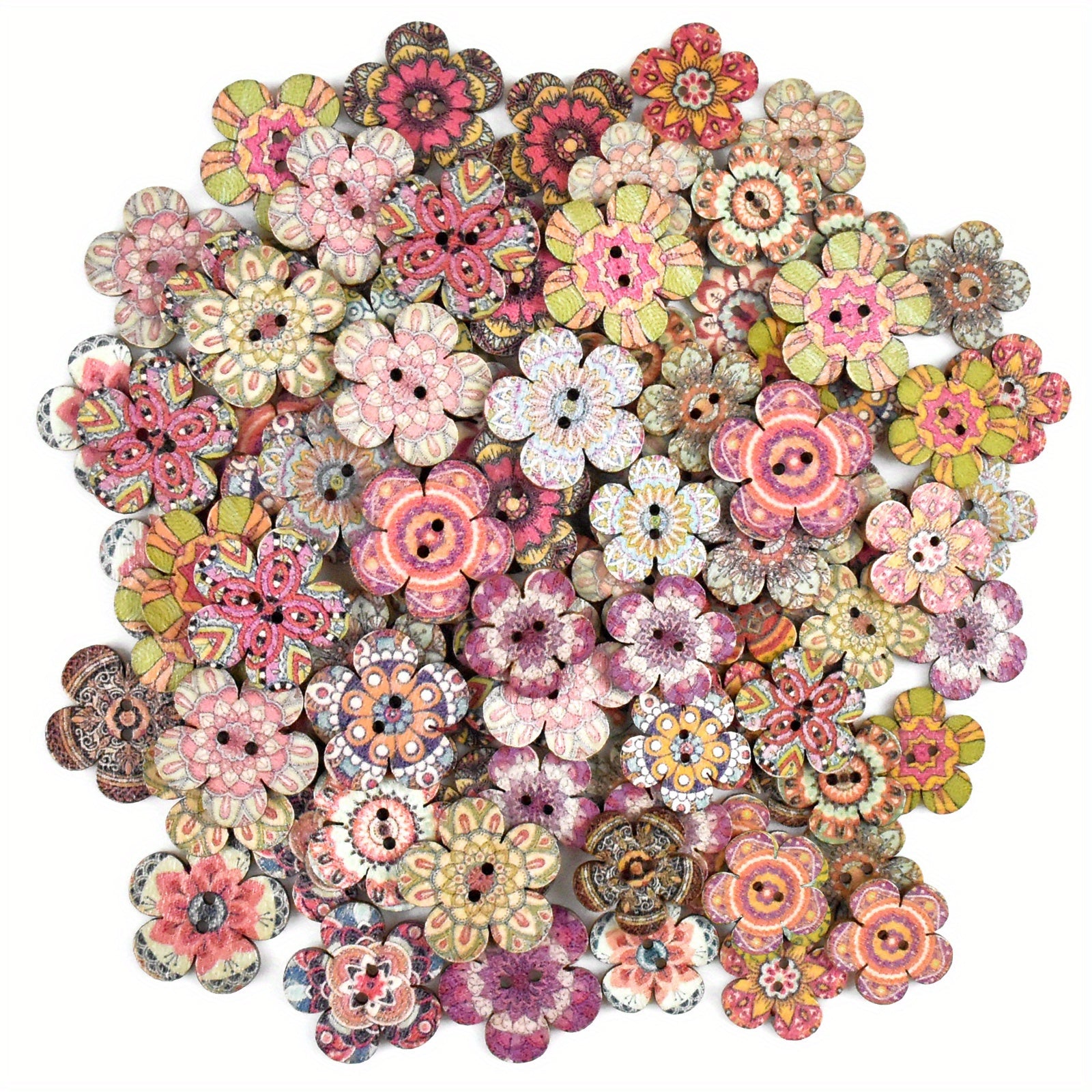 TEMU 100pcs Mixed Size Flower Printed Button Colorful Retro Buttons 2 Holes Sewing Buttons Wood Decorative Buttons Cardigans Knitting Scrapbooking