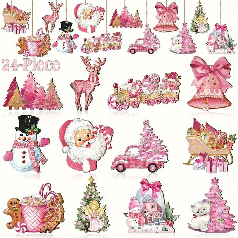 TEMU 24 Pieces Of Pink Christmas Wooden Ornaments: Modern, Love-themed, Christmas Tree Hanging Pendant, Santa, Animals, , Snowman, Reindeer,