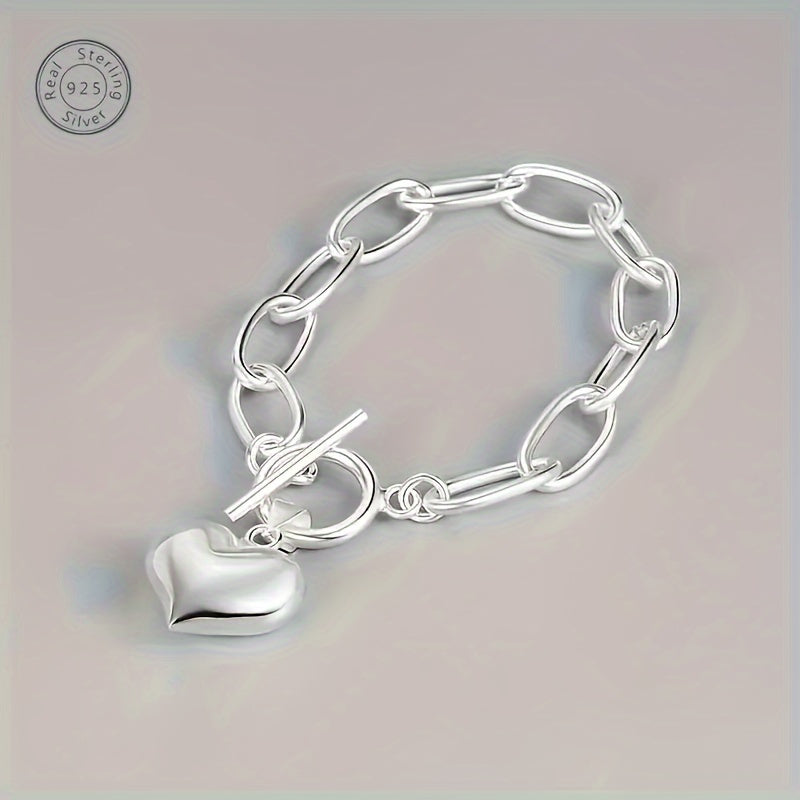 TEMU A Creative 925 Sterling Silver Hypoallergenic Bracelet, With A Silvery Heart-shaped Pendant, Exuding An Elegant , Suitable For A Date Gift.
