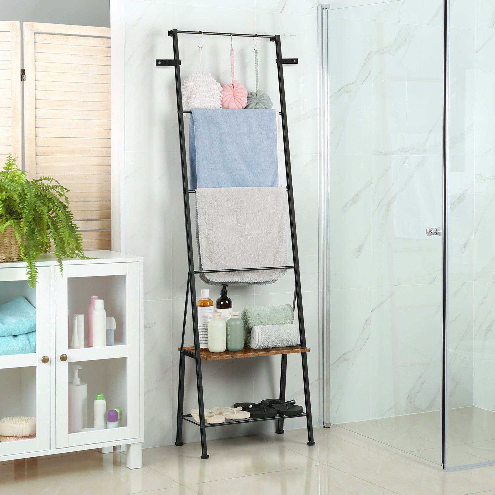 TEMU Blanket Ladder Farmhouse Blanket Holder Rack With Storage Shelf, Decorative Ladder Shelf With Hooks, Towel Holder Rack For Bathroom Living Room