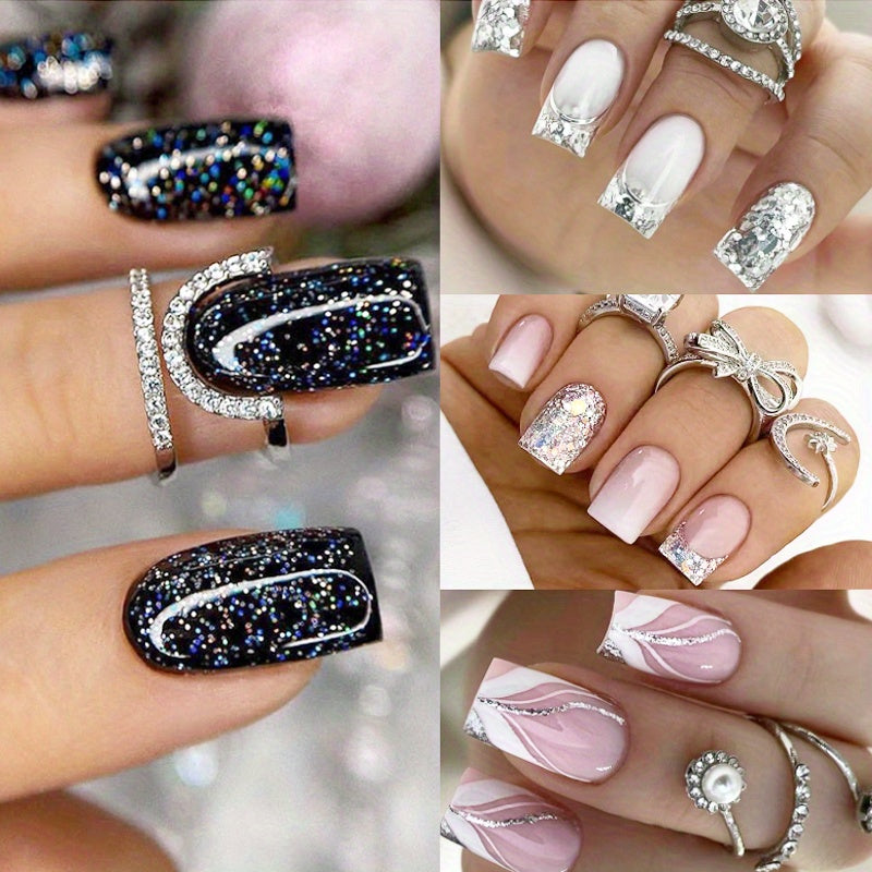 TEMU 96pcs (4pack) Pressed Ballet Nail Set - Medium Length - Black And Blue Tones With Stripes And Halo Pattern - Glossy Finish - Stylish Fall Kit, A