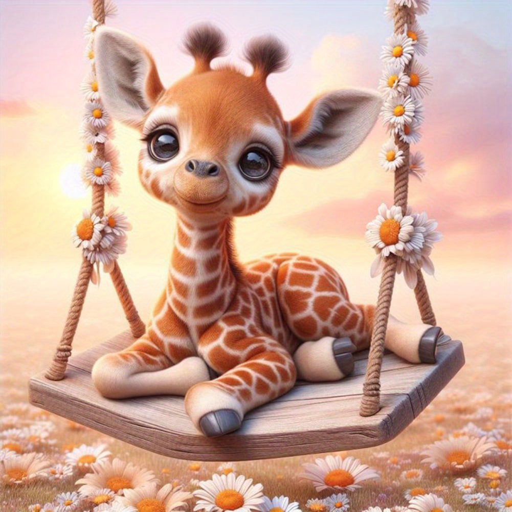 TEMU Giraffe On Swing 5d Diy Diamond Painting Kit For Adults - Drill Acrylic Diamonds, Sunset Scene, Easy Craft For Home Wall Decor