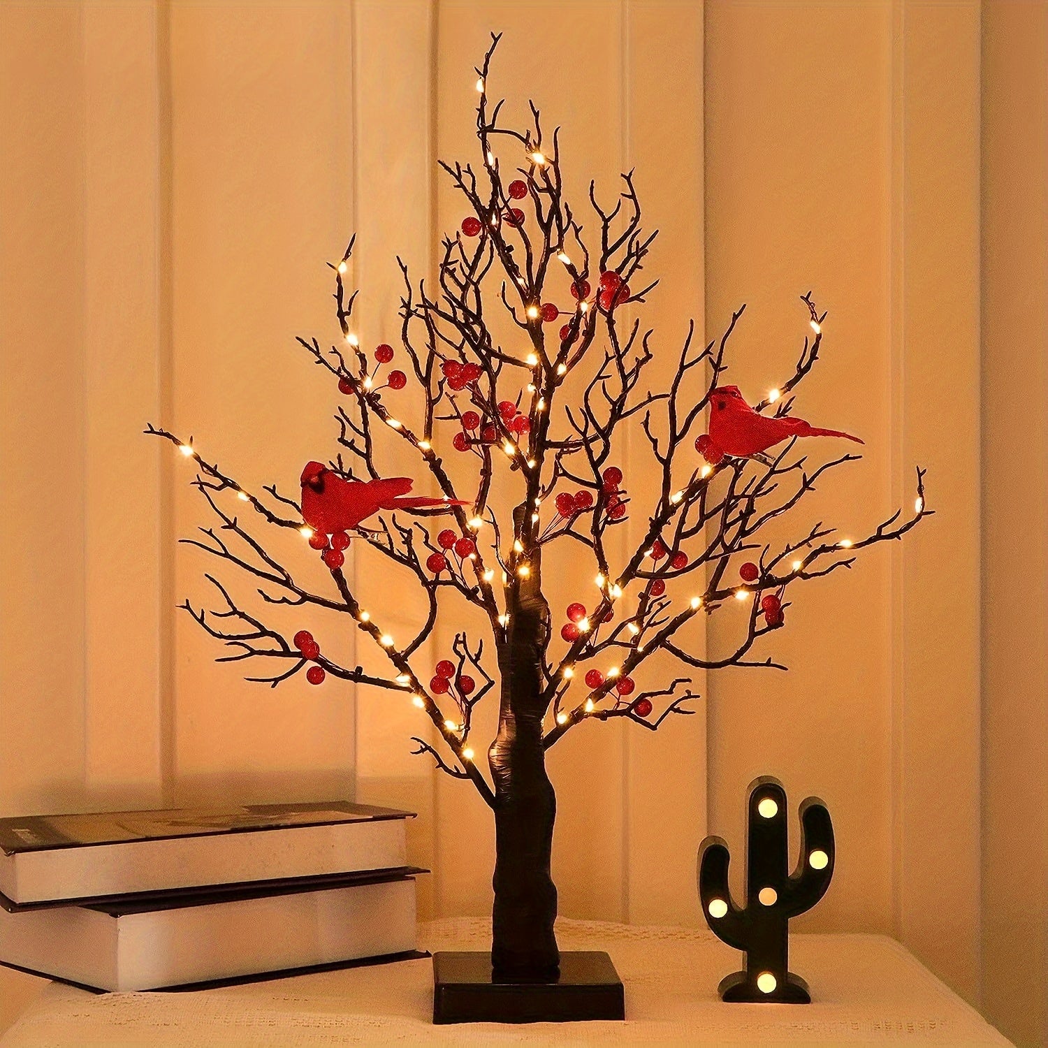 TEMU 21" Led Birch Tree With Red Bird - Battery-powered, Holiday Decor & Diy Tabletop Lighting