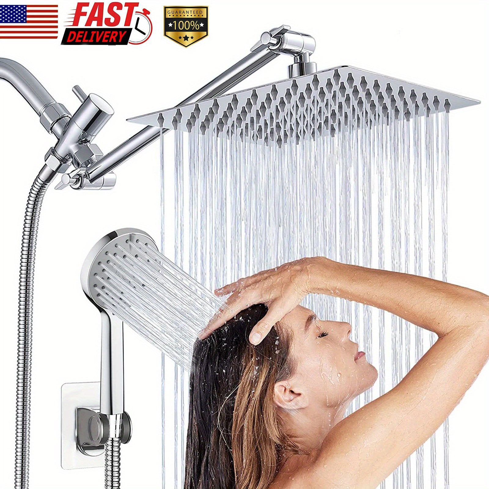 TEMU 8 Inch Square Top Sprayer Shower Combo Set - Shower Body Sprays With 5-function Handheld Shower, Stainless Steel Angle Adjustable Extension Arm,