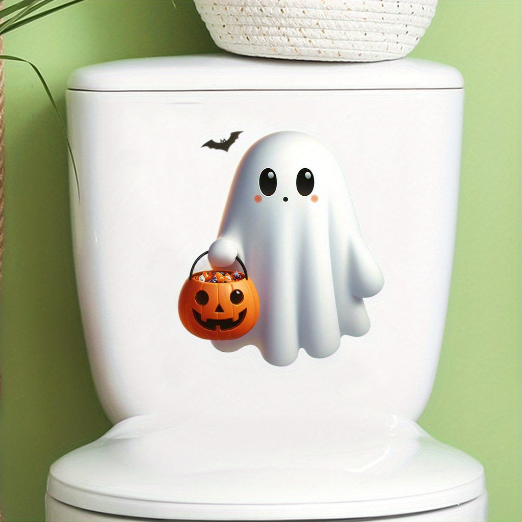 TEMU 1pc Halloween Pumpkin Toilet Sticker - Self-adhesive Bathroom Wall Decor With White & Orange Jack-o'-lantern, Halloween Home Decor, Festive Room