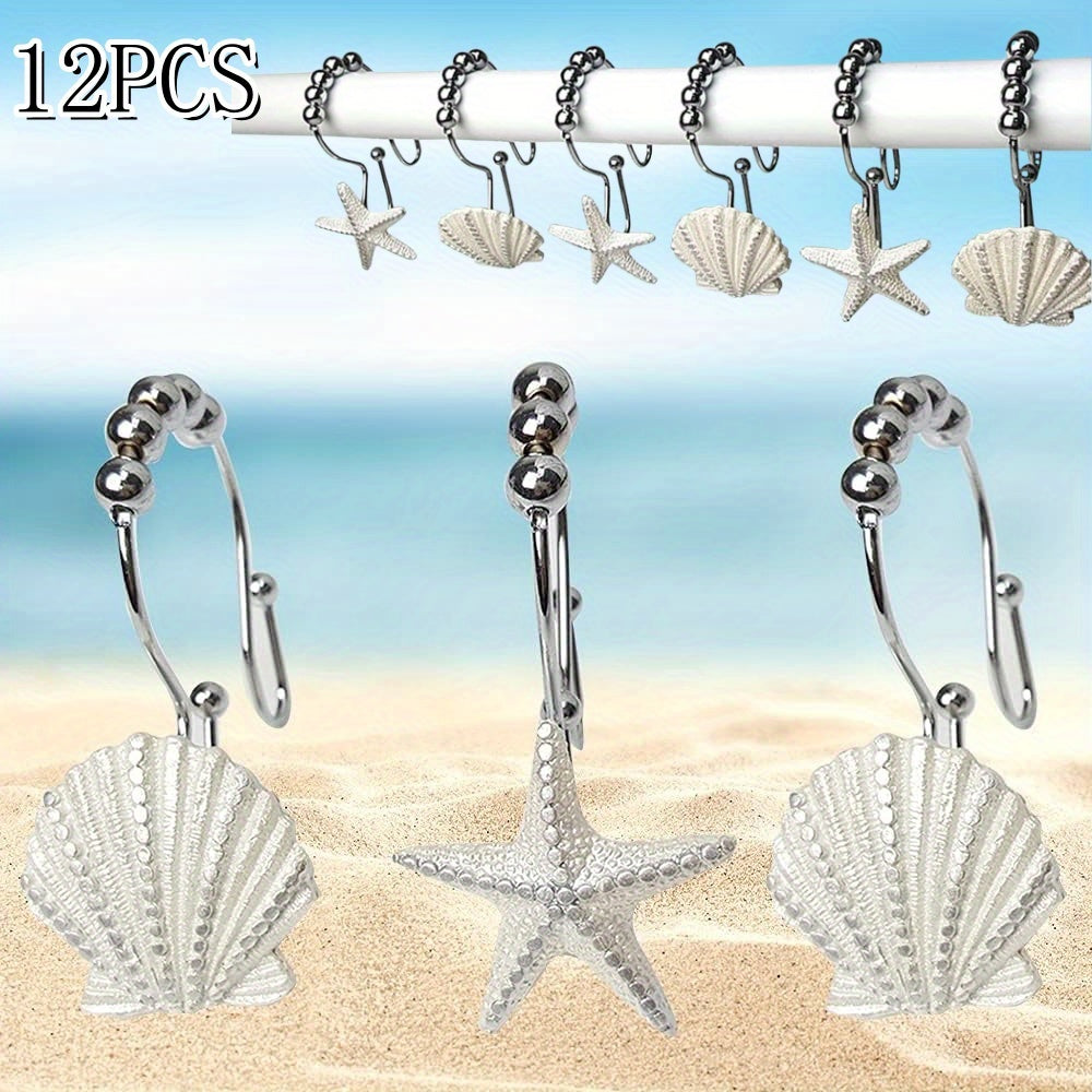 TEMU 12 Shower Curtain Hooks With Starfish And Shell Patterns, , Rust Resistant, Bathroom Hooks