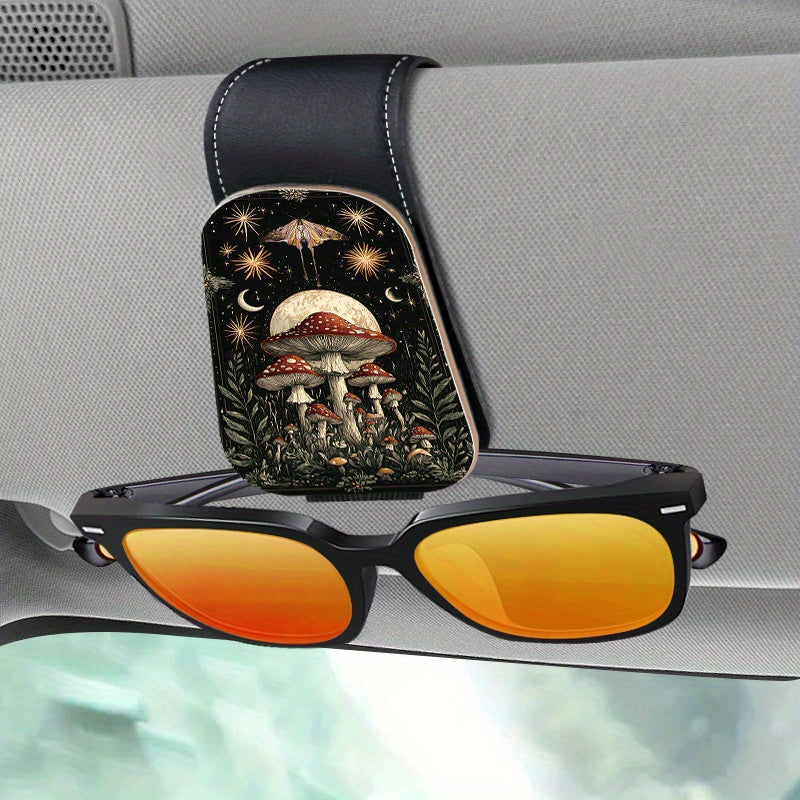 TEMU 1pc Of Creative Mushroom Printed Car Sunshade Glasses Holder Clip, Magnetic Pu Glasses Hook, Car Ticket Card Holder Glasses Support, No Damage