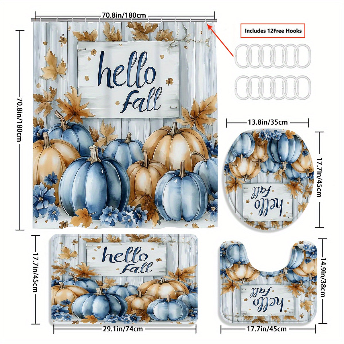 TEMU 4pcs Thanksgiving Shower Curtain Set, Pumpkin, Maple Leaf, Flower Bathroom Shower Curtain, Bathroom Decoration Set, Wooden, Toilet Seat,