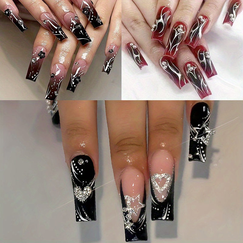 TEMU 72pcs (3 Pack) Black Gradient Glossy Long Square Shape Press On Nails Withflower And Design - Elegant Fake Nails For Women And Girlsperfect For