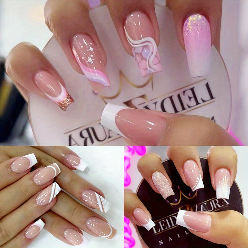 TEMU 72pcs (3pcs) Glossy White French Tip Press-on Nails With Pink Glitter & Floral Designs – Square Shape, Long Length, Reusable False Nails For