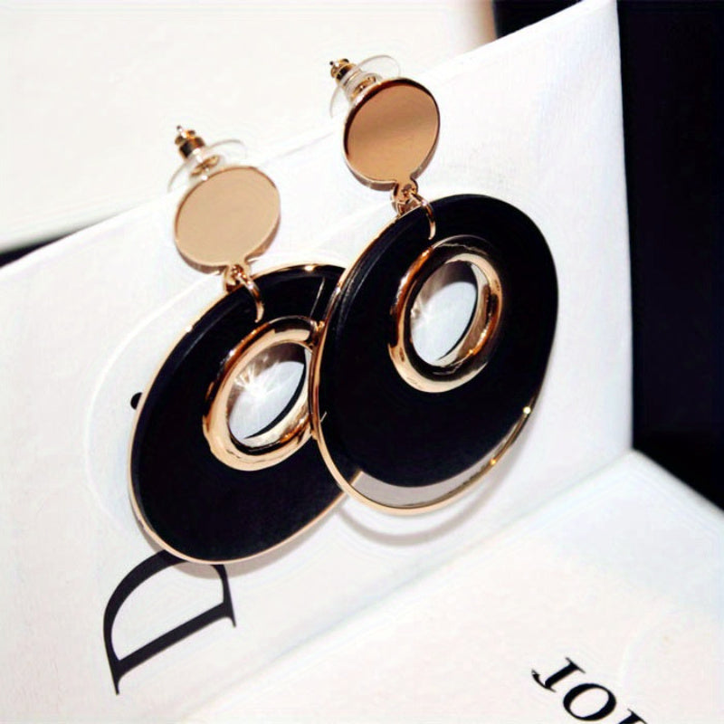 TEMU Stylish Large Round Drop Earrings For Women, Alloy In Black And Golden, Elegant Statement Jewelry For Parties, Dinners, And Casual Attire,