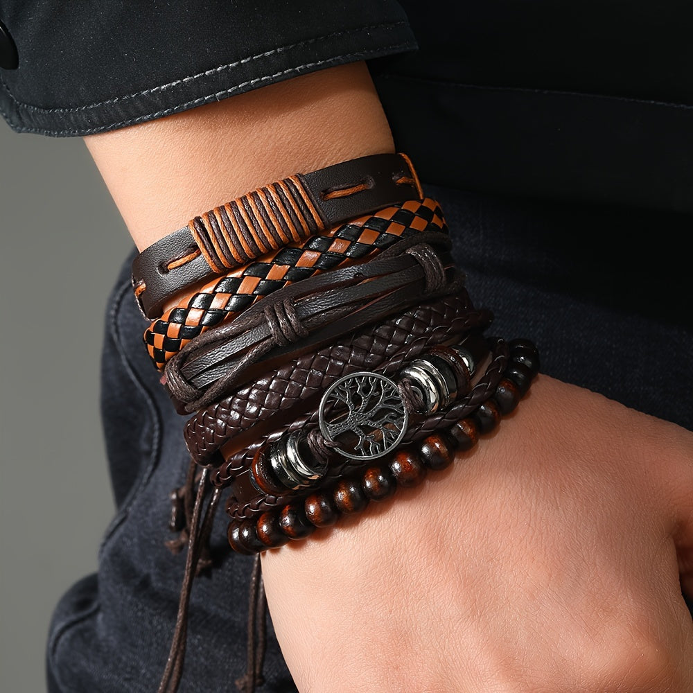 TEMU 6pcs Coffee- Mens Layered Leather Bracelet Set - Retro Minimalist Life , Vintage-inspired Stylish Accessory
