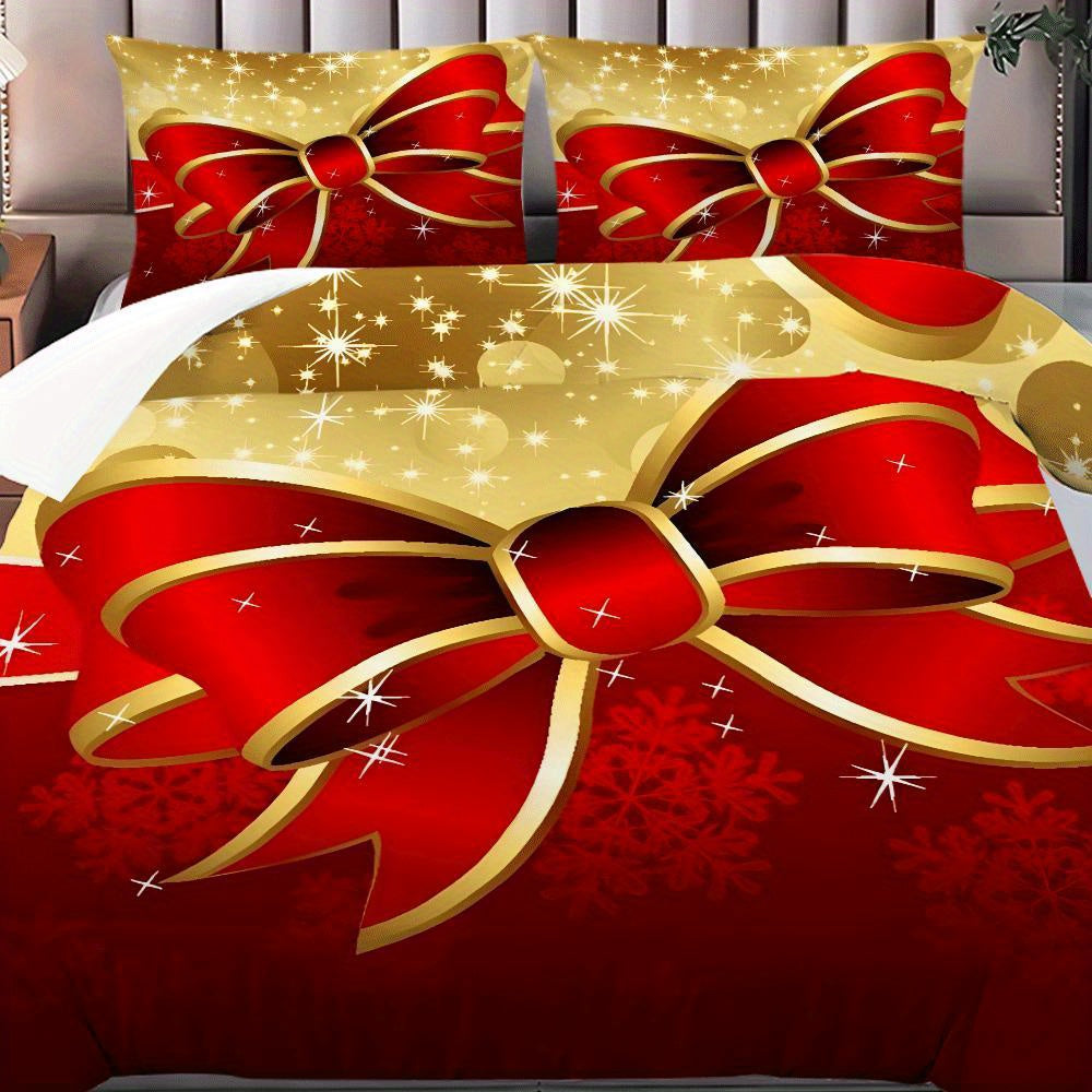 TEMU 3pcs Festive Christmas Ribbon Bow Polyester Bedding Set - 1 Duvet Cover + 2 Pillowcases, Soft & Comfortable, Red And Golden With Snowflake Print