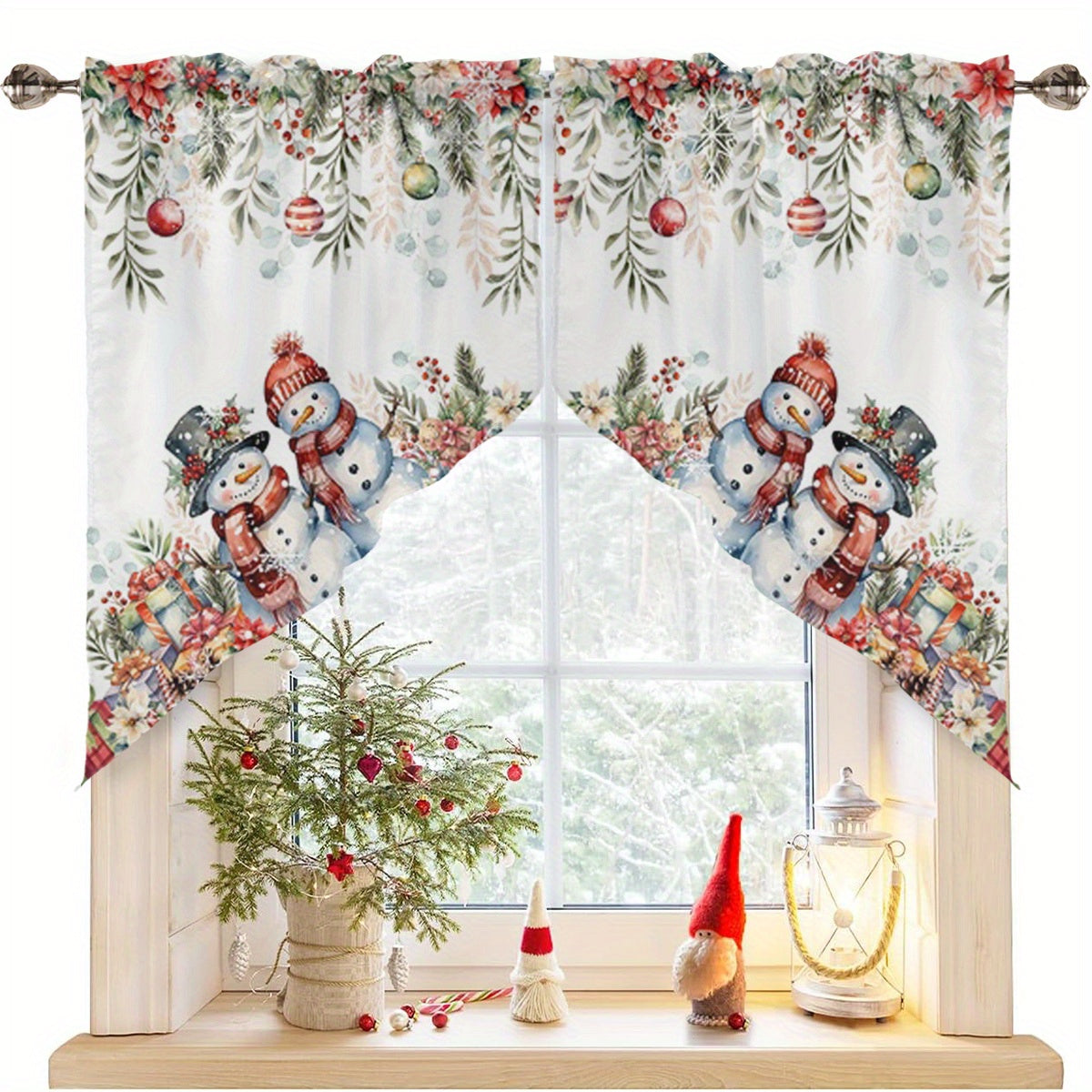 TEMU 2pcs Vintage Christmas Snowman Kitchen Curtain Valances - Festive Poinsettia With & Holiday Decor, Rod Pocket, Light Filtering Polyester Drapes