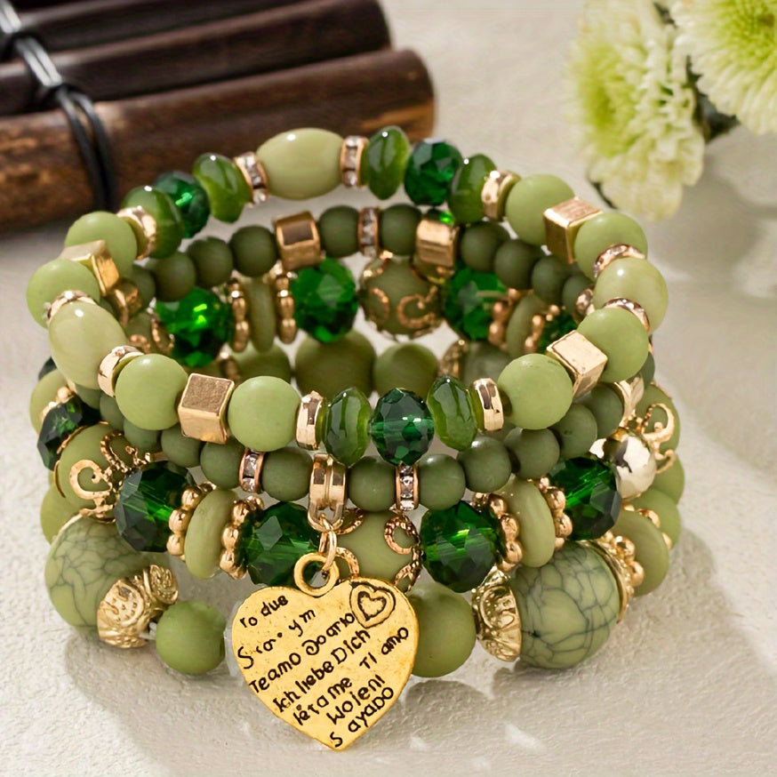 TEMU Four-layer Stacked Bohemian Style Bracelet For Women, Featuring Green Resin And Golden Accents, Pendant Design, Lightweight And Comfortable For
