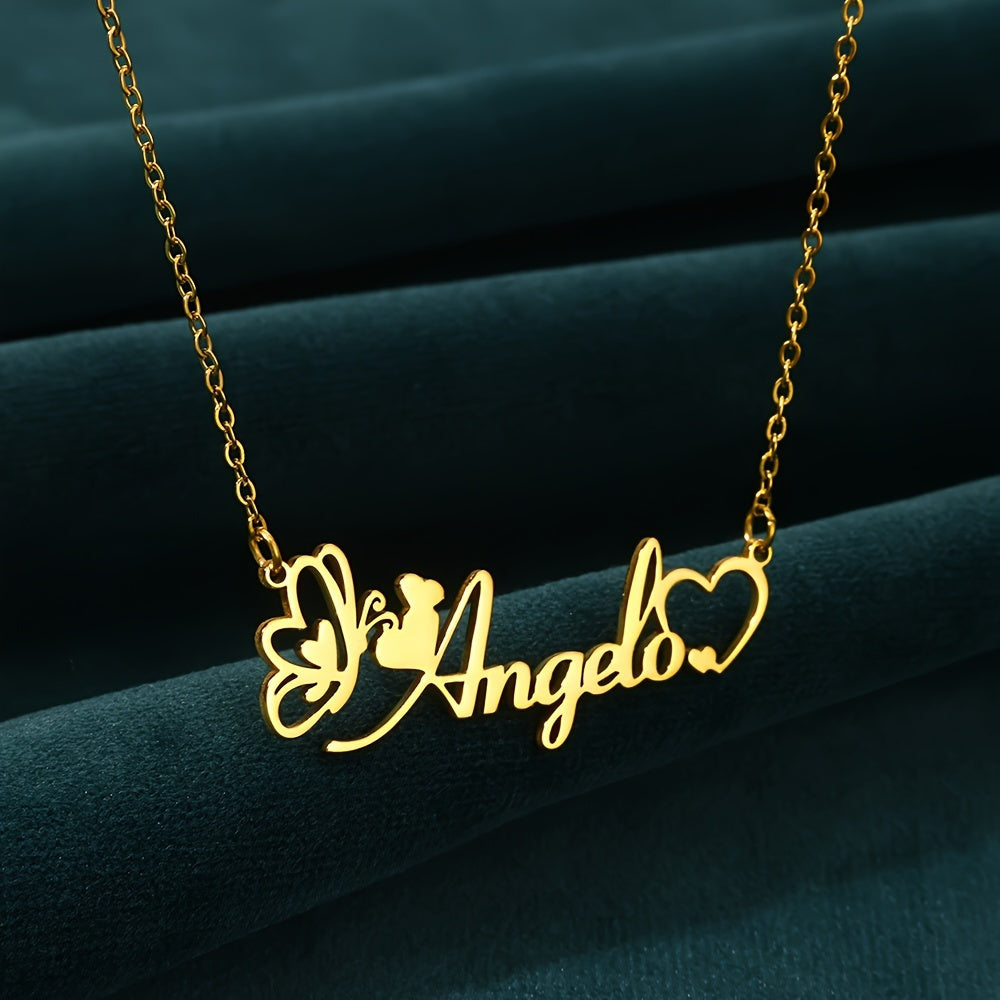 TEMU Personalized & Heart Name Necklace - Elegant 18k Golden Plated Stainless Steel Pendant, Customized Jewelry For Women, Ideal For Daily & Party