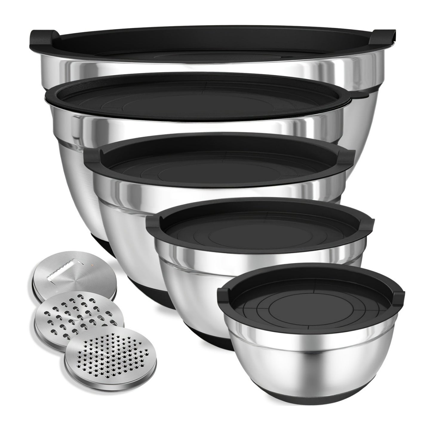 TEMU 8pcs Mixing Bowls With Airtight Lids, Stainless Steel Mixing Bowl Set, 3 Grater Attachments & Non-slip Bottoms, Black Kitchen Bowls, Size 5, 4,