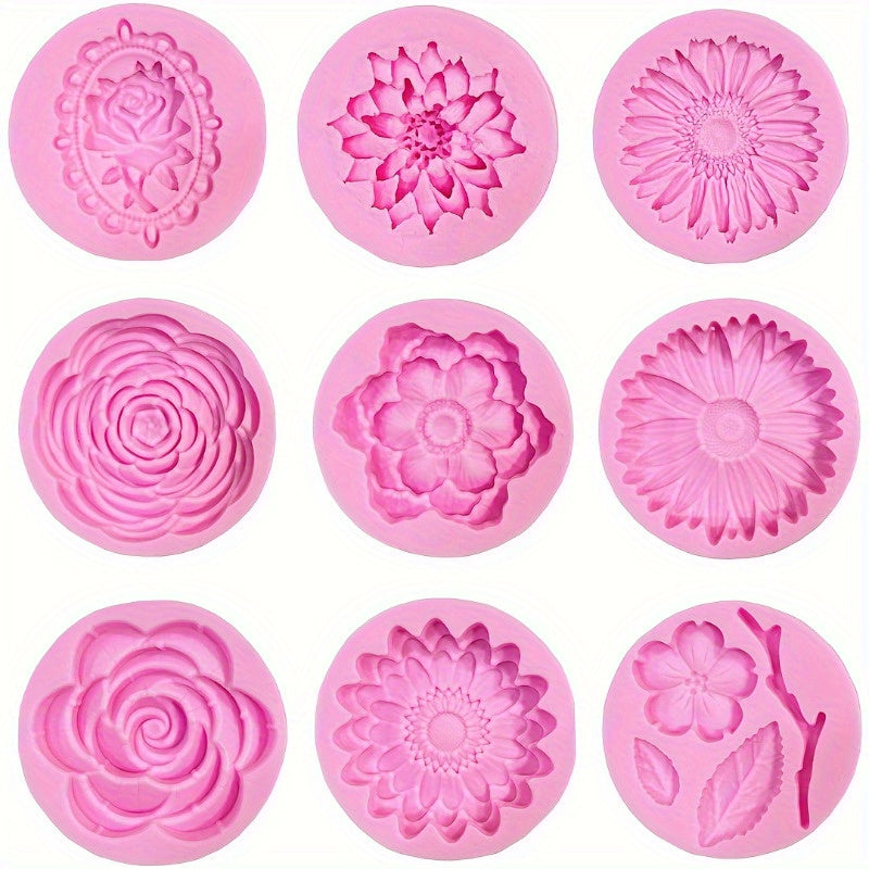 TEMU 9 Pcs Flowers Fondant Molds Silicone Molds For Cupcake Dessert Chocolate Jelly Cookie Decor Jewelry Pastry Chocolate Mould Candy Making