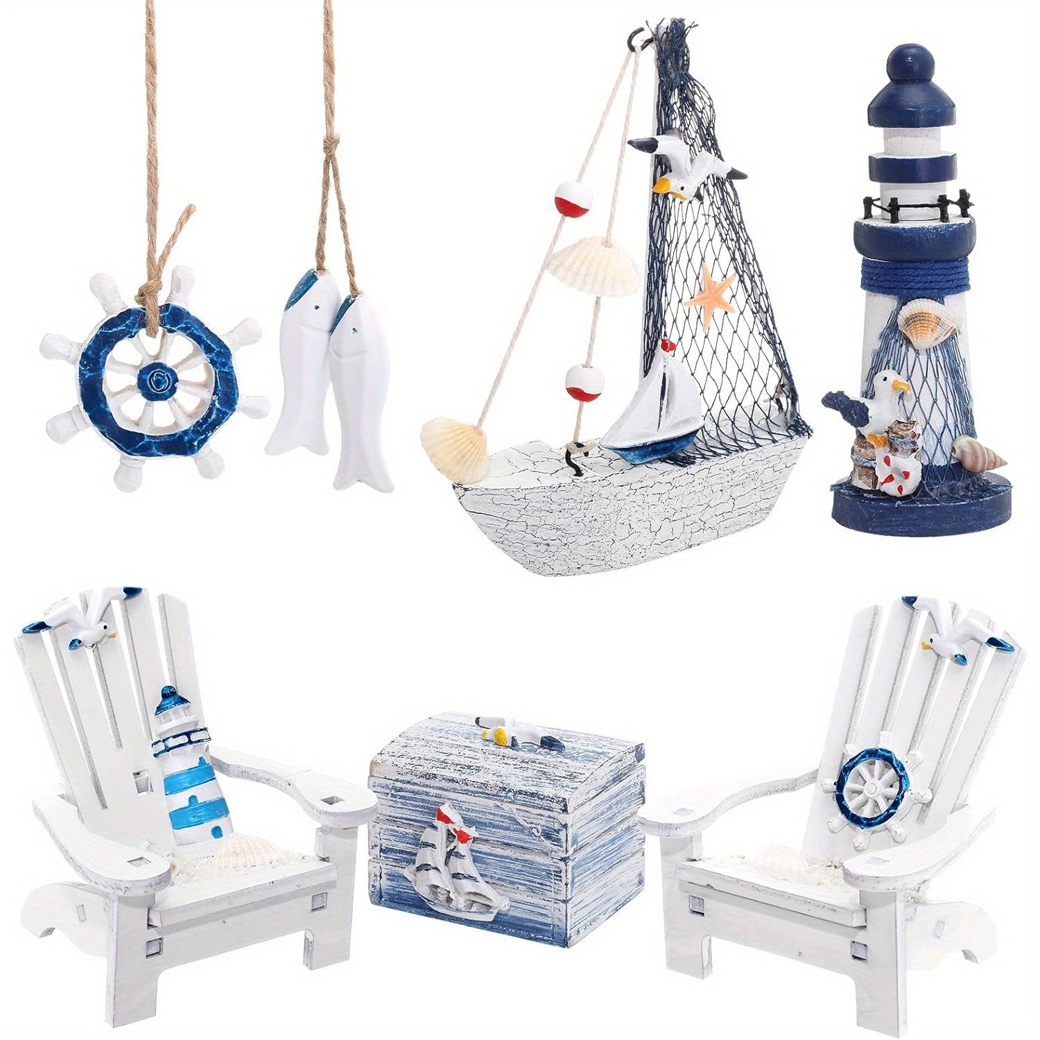 TEMU 7 Piece Wooden Box Wooden Lighthouse Mini Sailboat Anchor Wooden Fish Hanging Starfish Model Christmas Tree Decorations Decorative Aquarium