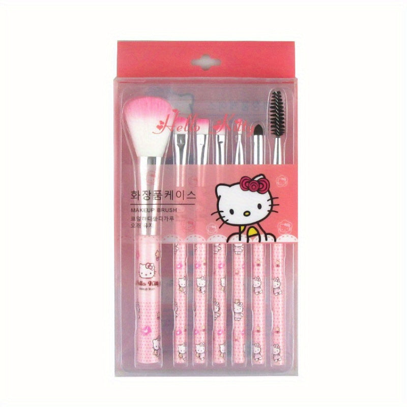 TEMU 7pcs For Hello Kitty Licensed 8pcs Makeup Brush Set, Cute Pink Cosmetic Brushes For Blush, Eyebrow, Lip, Eyeshadow, Beauty Tools With Case,