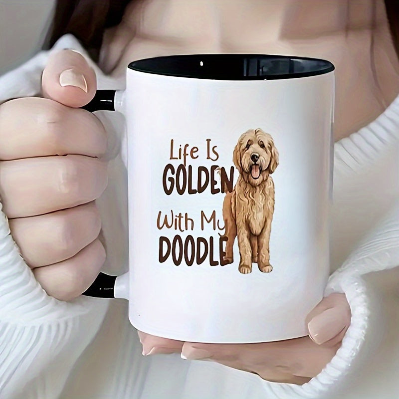 TEMU 11oz Ceramic Coffee Mug With " Golden With My Doodle" Goldendoodle - Dishwasher & Microwave Safe, White & Black Accents - Perfect Gift For Dog